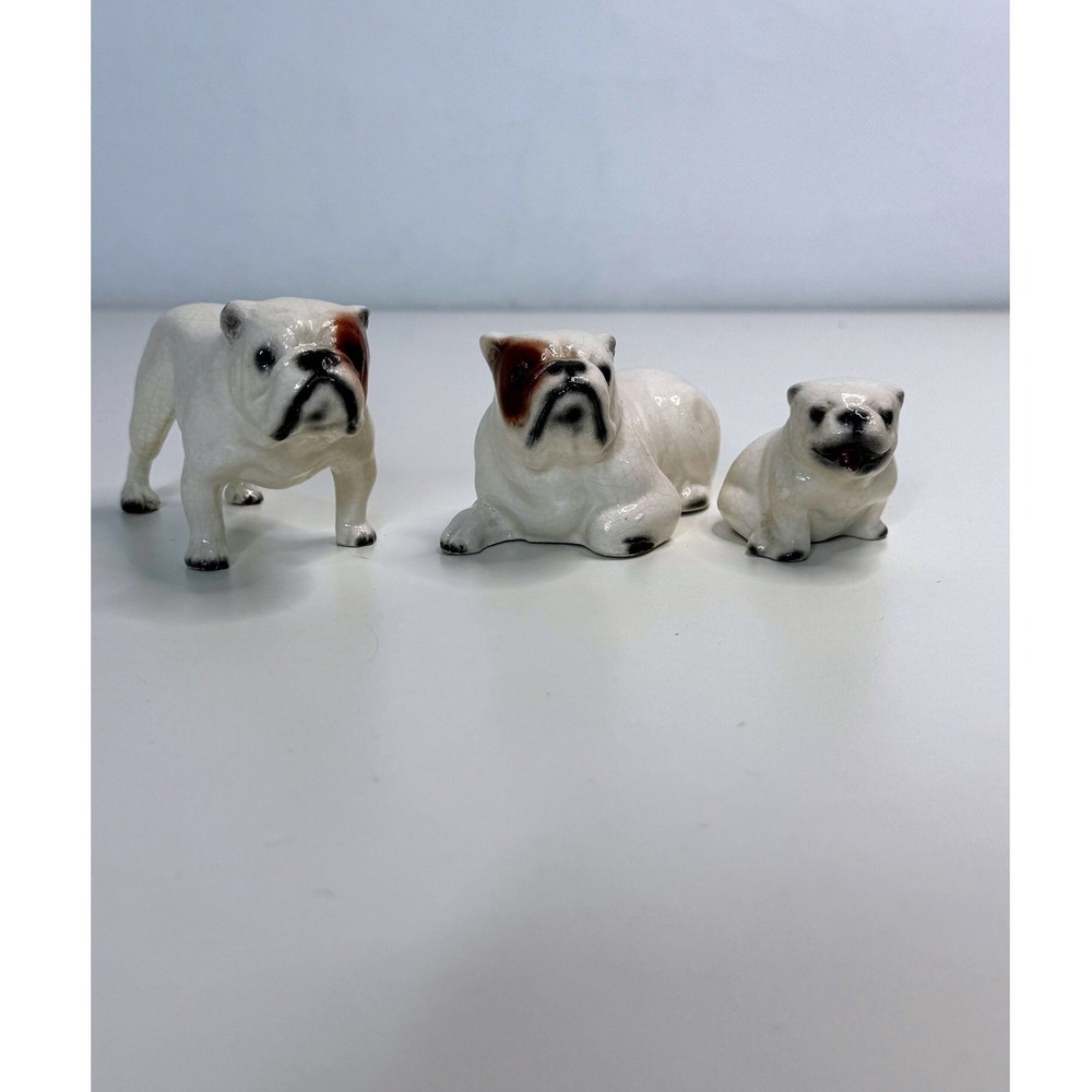 Set of 3 ENGLISH BULLDOG Vintage Ceramic Figurines Laying Down & Standing